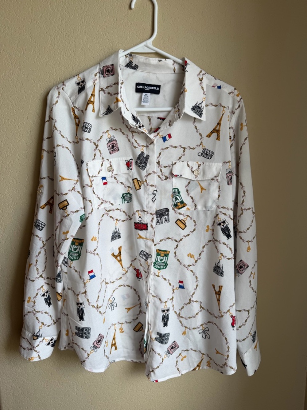 Karl Lagerfeld Cream Button-Up Shirt with Black and Gold Print